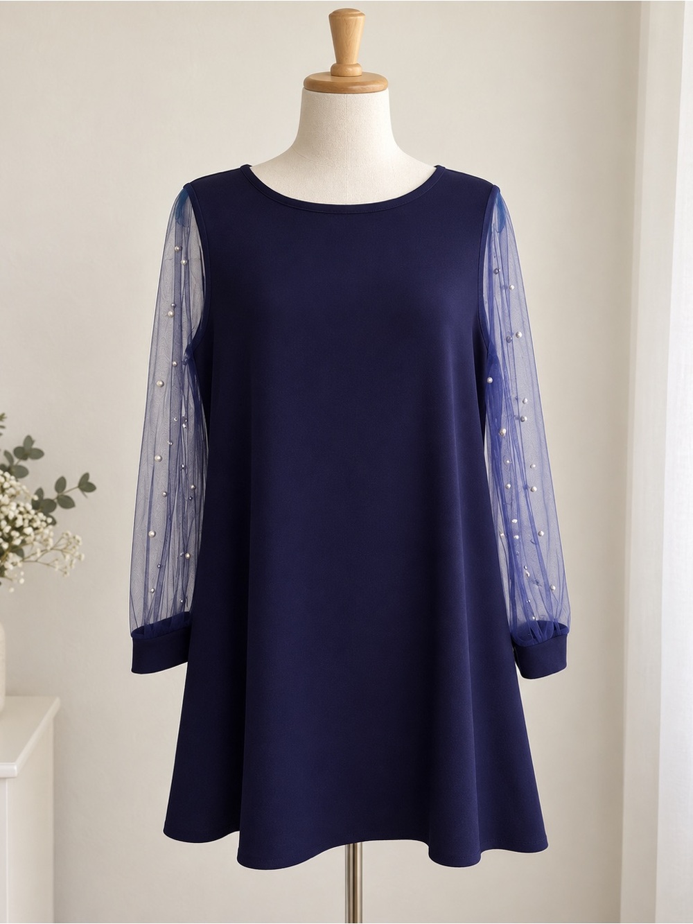 Navy Pearl Sleeve Dress - Picture 3 of 3